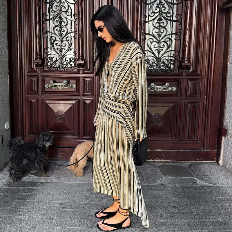 Multicolor Striped Shirt 2 Picec Set Button Front Blouse High Waist Flared Hem Maxi Skirt 2026 Summer Elegant Lady Vacation Suit