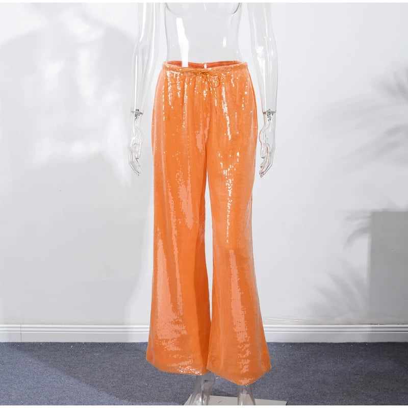 Street Sequin Loose Lace Up Pants Women Elastic Waist Wide Leg Trousers Female 2026 Spring Summer Lady Shiny Party Club Clothes