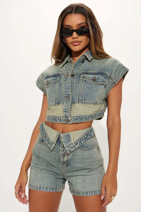 Shorts Sets Women Denim 2 Piece Suit Top Jeans Ensemble Summer 2025 Single Breasted Turn Down Collar Short Pants Vintage Outfits