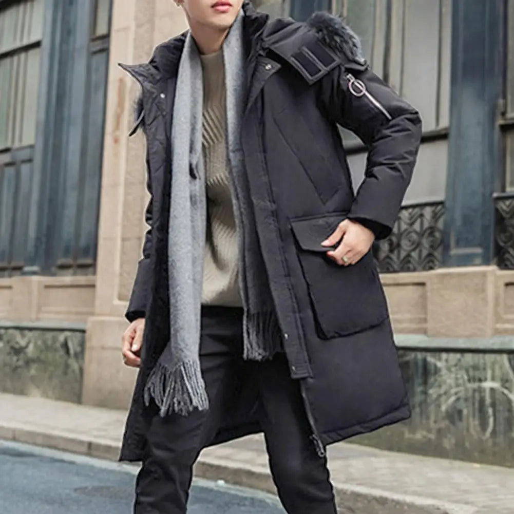 Men Down Jacket Fur Collar Hooded Long Sleeve Solid Color Winter Coat Zipper Placket Pockets Thickened Puffer Outwear