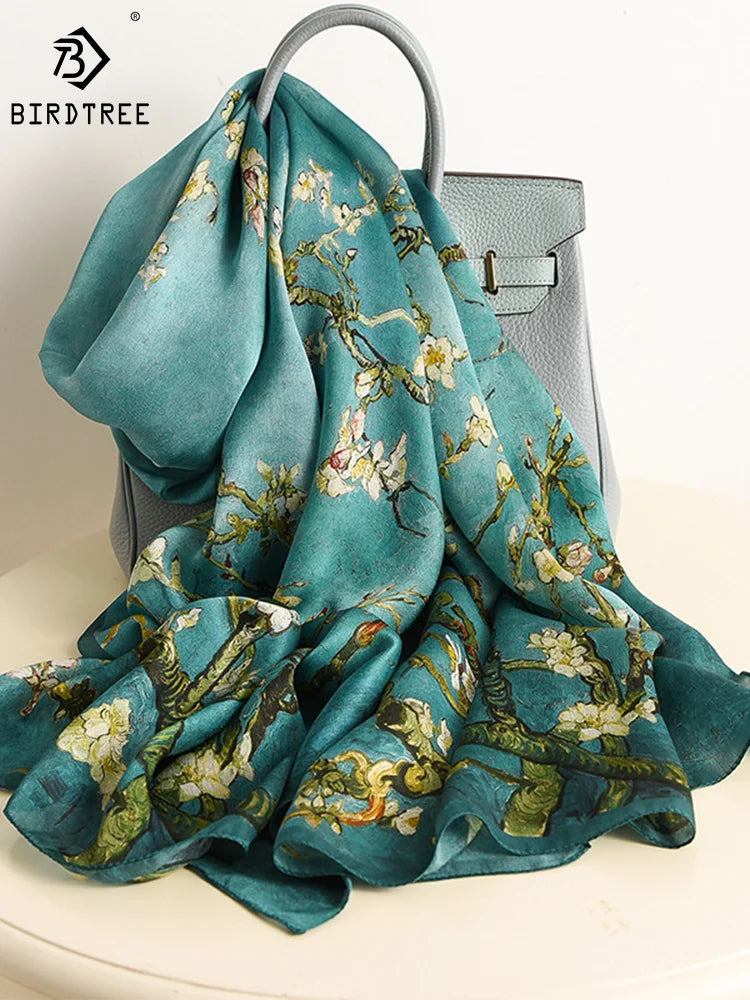 Birdtree, 9MM 100%Real Silk Scarf Shawl, Thin Plum Bossom Summer Beach Shawls Scarfs, Fall Winter Neck Head P36714QM