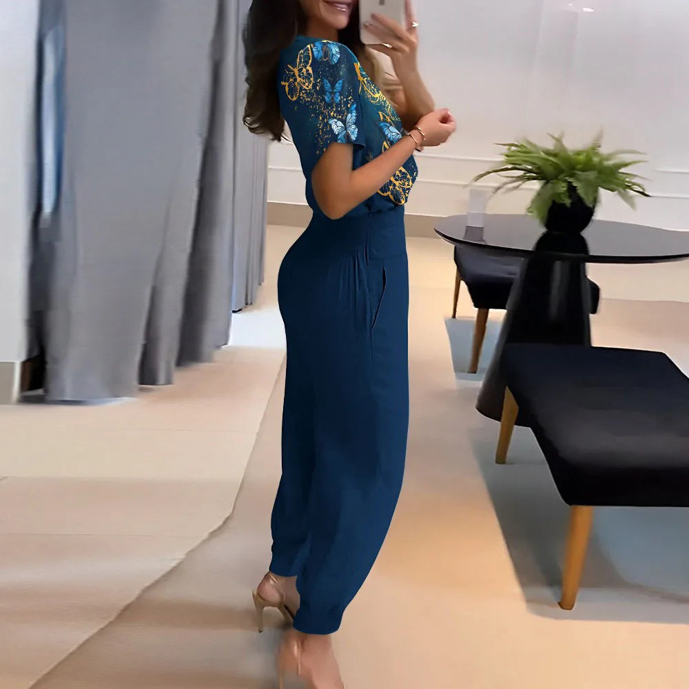 2025 New Long Pant Sets Summer Fashion Casual V-neck Print Short Sleeve Trousers Suit Two-piece Set 2 Piece Sets Women Outfit