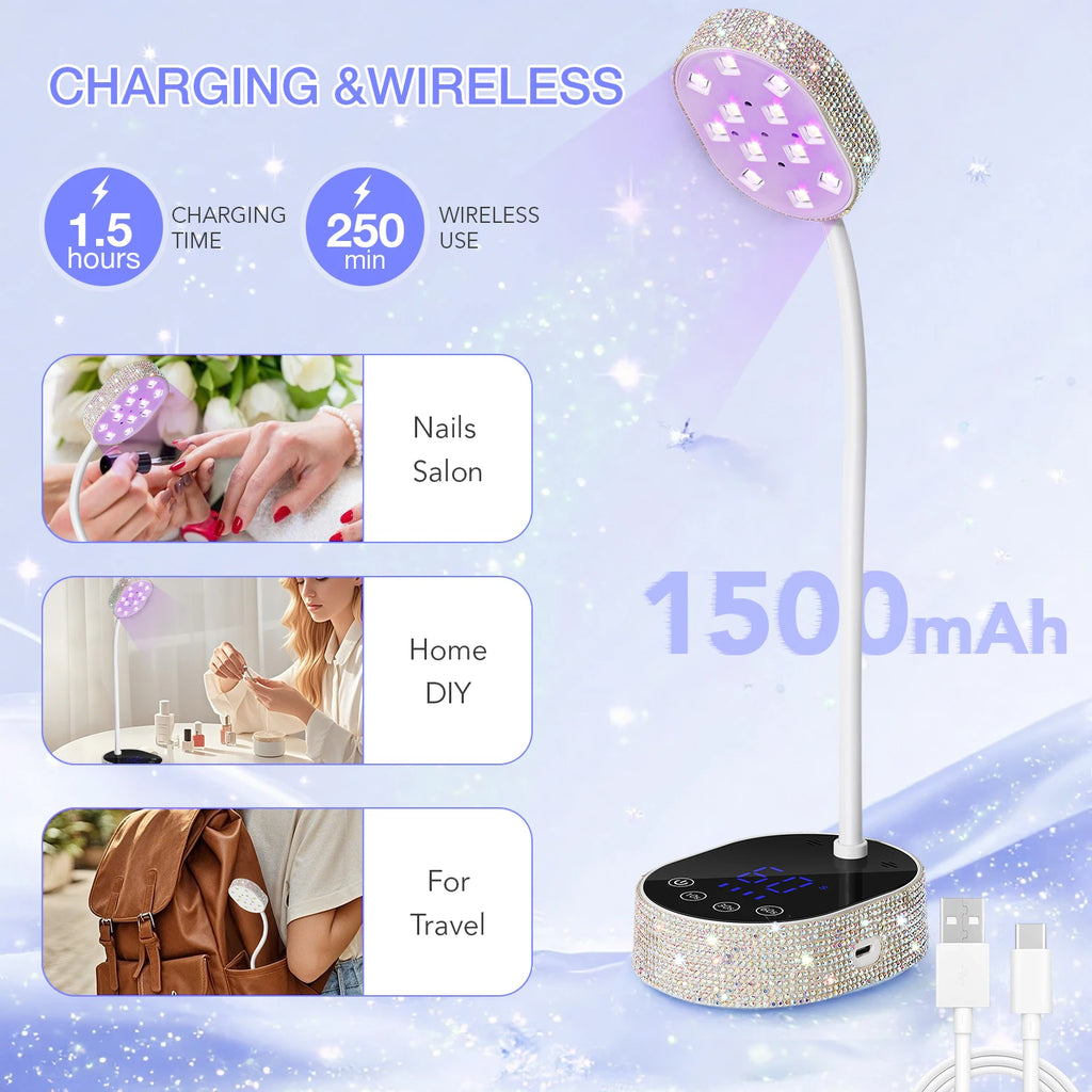 Wireless UV LED Nail Lamp 36W Rechargeable Mini Gel Dryer with Auto Sensor Timer and 360° Rotating Neck for Manicure on the Go
