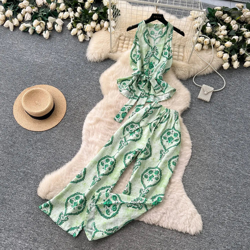 SINGREINY Boho Print Vacation Suits Summer 2026 Sleeveless Lace Up Tank Top+Loose Wide Leg Pant Chic Lazy Casual Women 2pcs Sets