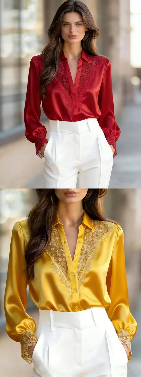 Elegant Style Long Sleeve Lace Patchwork Blouse Women's Commute V-Neck Shirt Polyester Fiber Printed Casual Top