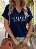 Women's V-Neck "Stronger Than The Storm" Graphic Tee, Inspirational Quote Print T-Shirt, Casual Short Sleeve Motivational Top
