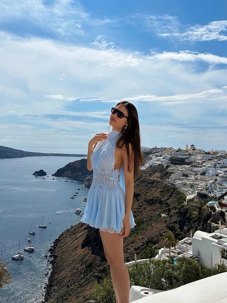 Sexy Hollow Out Solid Women Min Dress Beach Pleated Lace Up Backless Sleeveless Female Dresses 2026 Summer Lady Robe New