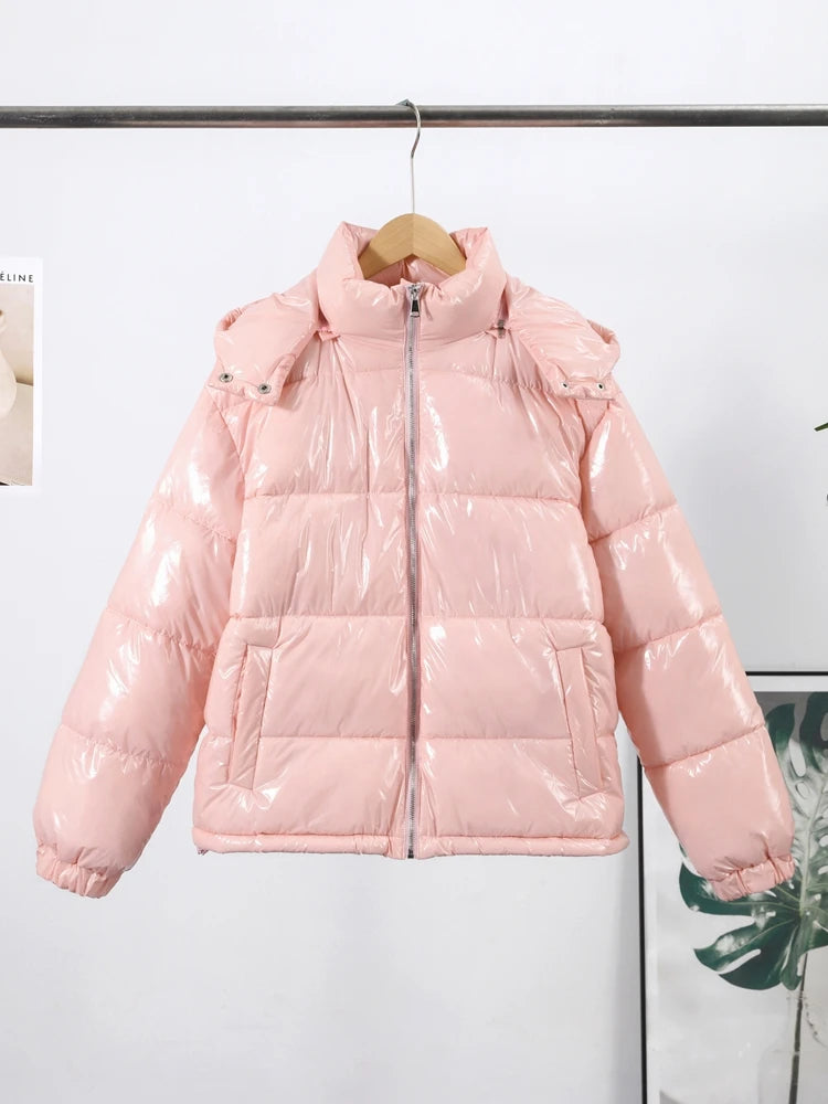 Chic Glossy Zipper Hooded Coat Women's Warm Elastic Waist Pleated Cropped Puffer Jacket 2026 Winter New Lady High Street Outwear