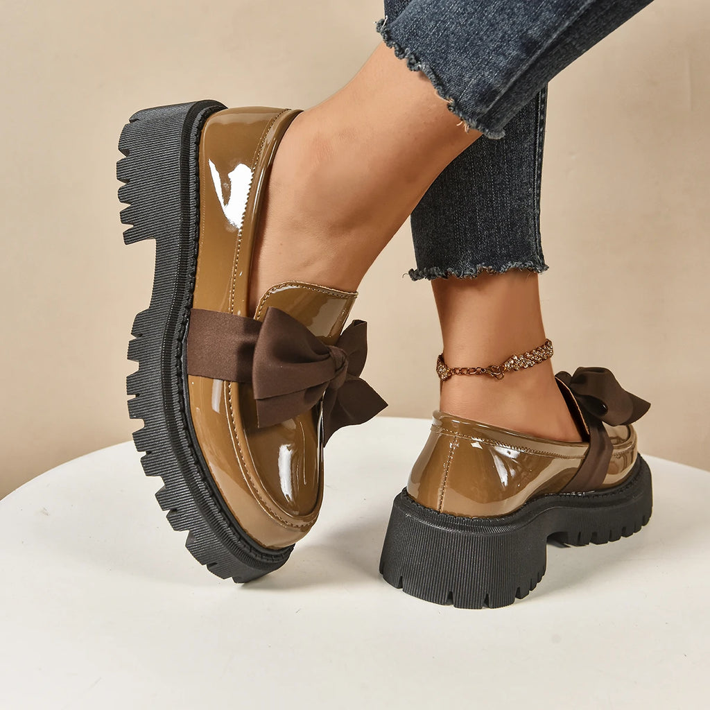 Women's British Style Loafers bowknot Chunky Heel Leather Flats Autumn Slip-On Shoes Versatile Work Shoes Platform Oxford 636