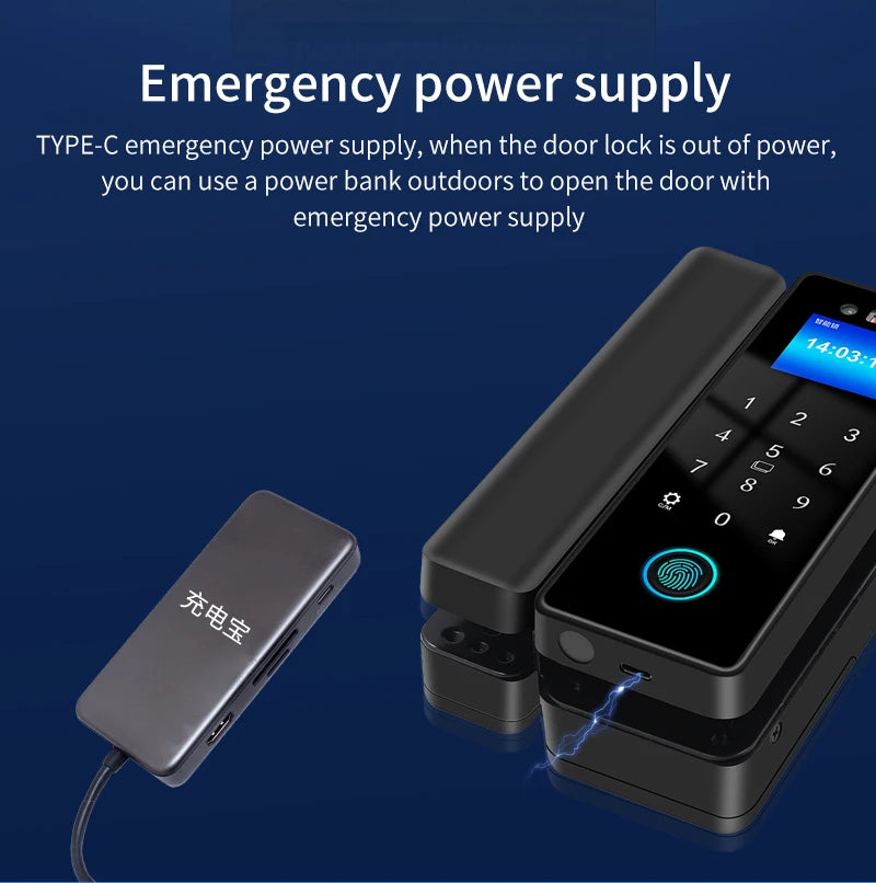 3D Face Tuya Wifi Electronic Smart Glass Door Lock With Biometric Fingerprint/RFID Card /Password Unlock/USB Emergency Charge