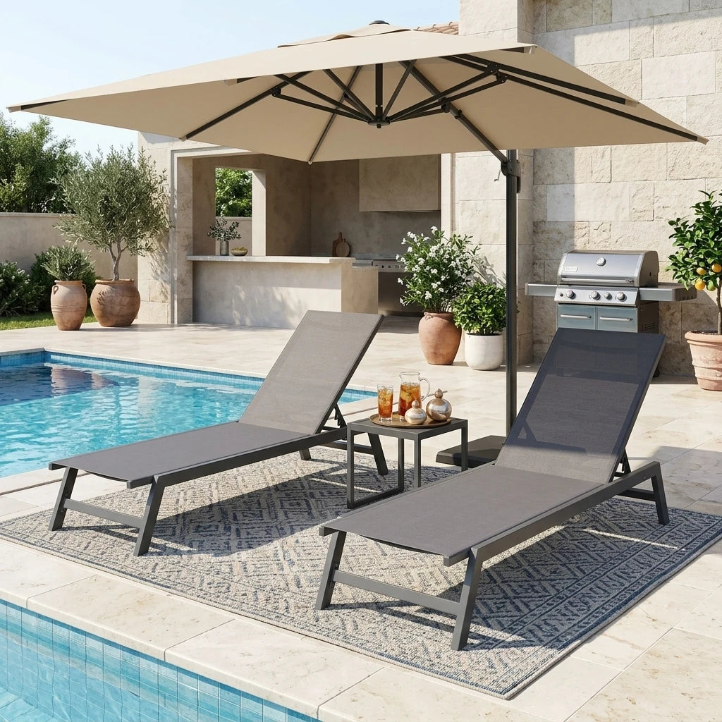 3PCS Aluminum Teslin Sun Lounger Set With Side Table Adjustable Backrest Outdoor Chaise Lounge Pool Garden Beach Hotel Sunbed