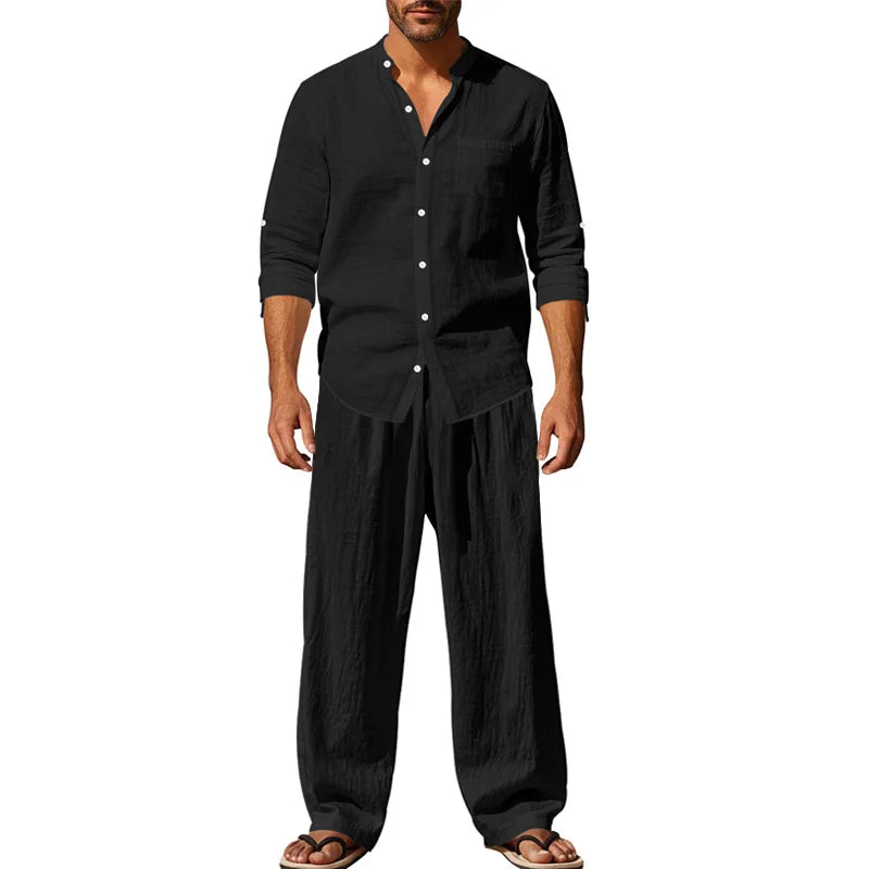Tracksuit 2025 Seasons Linen Men's Casual Loose Breathable Long sleeved Pants Shirt Beach Set in Stock Male  Clothing Big Size