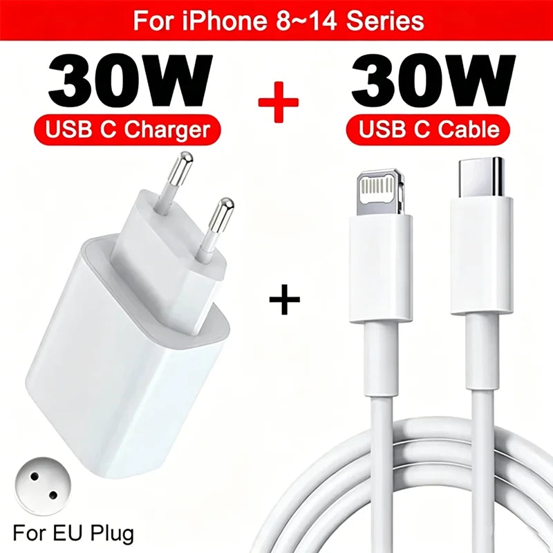 30W Charger USB Type C Fast Charger For iPhone 13 15 17 14 12 11 16 Pro Max Plus PD Charger Charging Cable Accessories