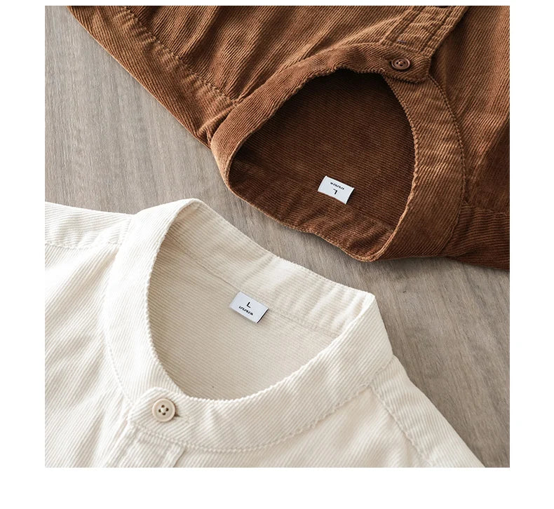 DUKEEN Corduroy Stand Collar Long Sleeve Shirt for Men 100% Cotton Spring and Autumn Casual Men's Clothing