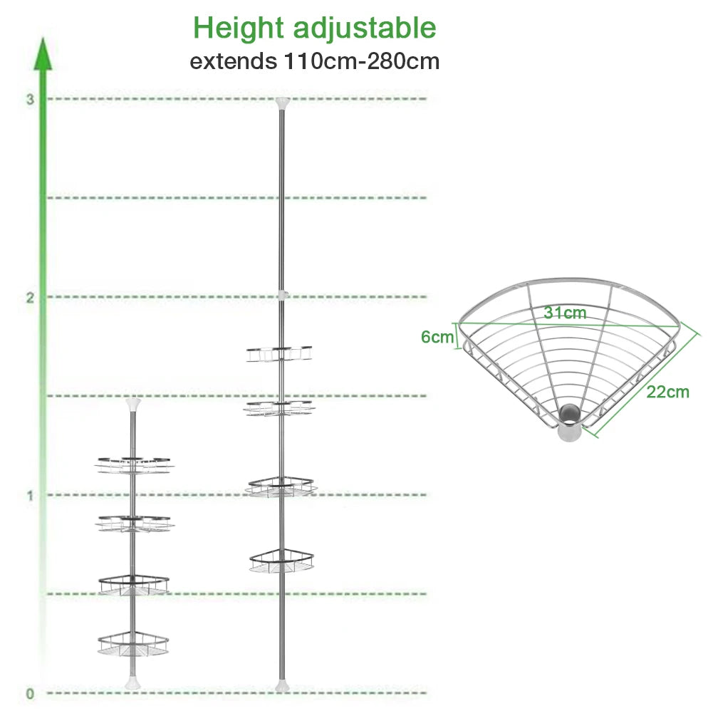 Telescopic Shower Shelf, Stainless Steel Corner Shelf with 4 Shower Baskets, Adjustable 110-280cm for Bathroom and Kitchen