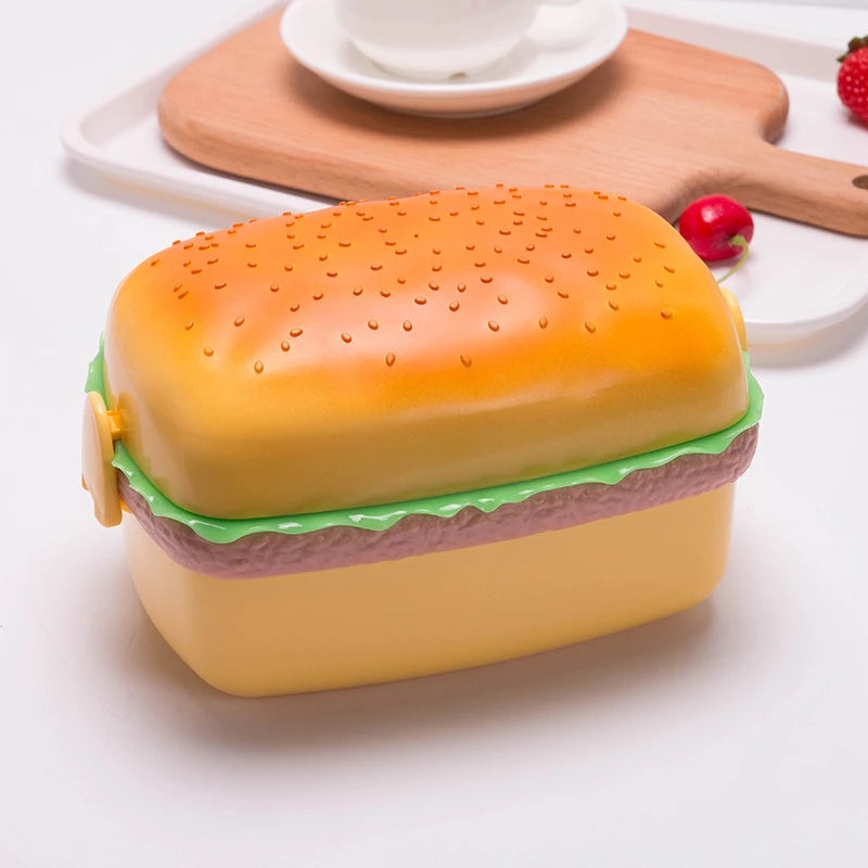 Hamburger Lunch Box Double Tier Cute Burger Bento Lunchbox Microwave Food Container Fork Tableware Set Owl Compartment