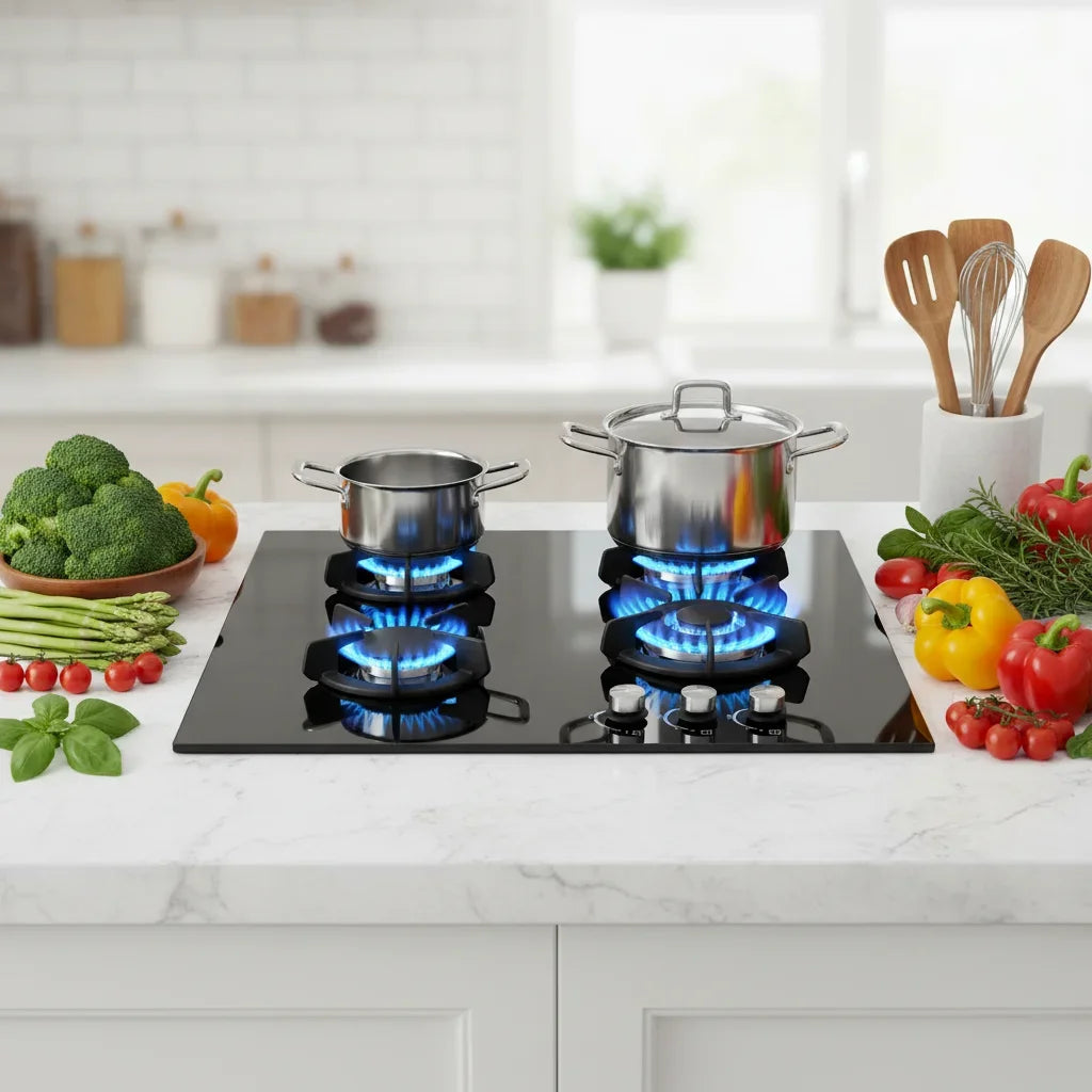 3 Burner Built-in Gas Hob 60cm Black Tempered Glass LPG Gas Cooktop with Timer Knob Control Kitchen Stove