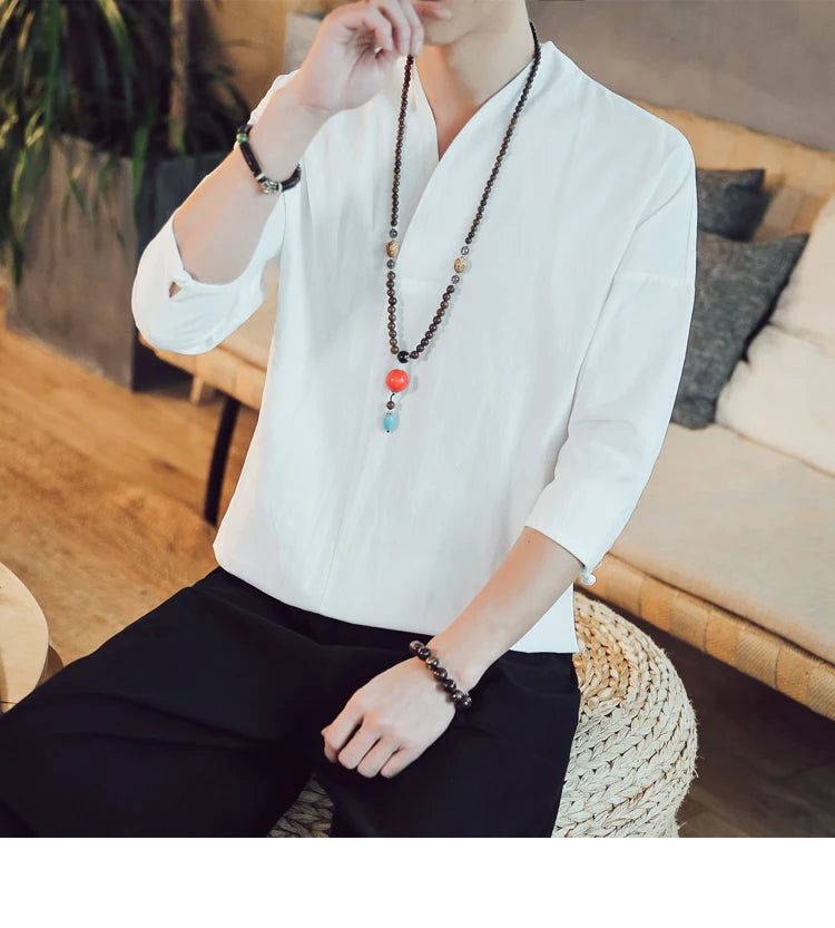 Summer Kimono Japanese Style Short Sleeve Men New Half-sleeved Cotton Linen Breathable Men Clothing T-shirt Japanese Yukata Tops