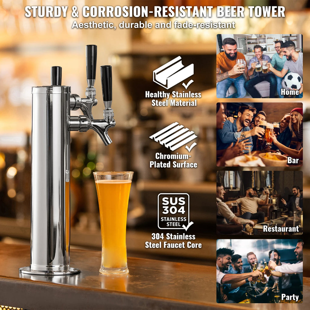 SucceBuy Triple Taps Draft Beer Tower Dispenser Stainless Steel Keg Beer Tower Kegerator Tower Kit Pre-Assembled Tubing for Bar
