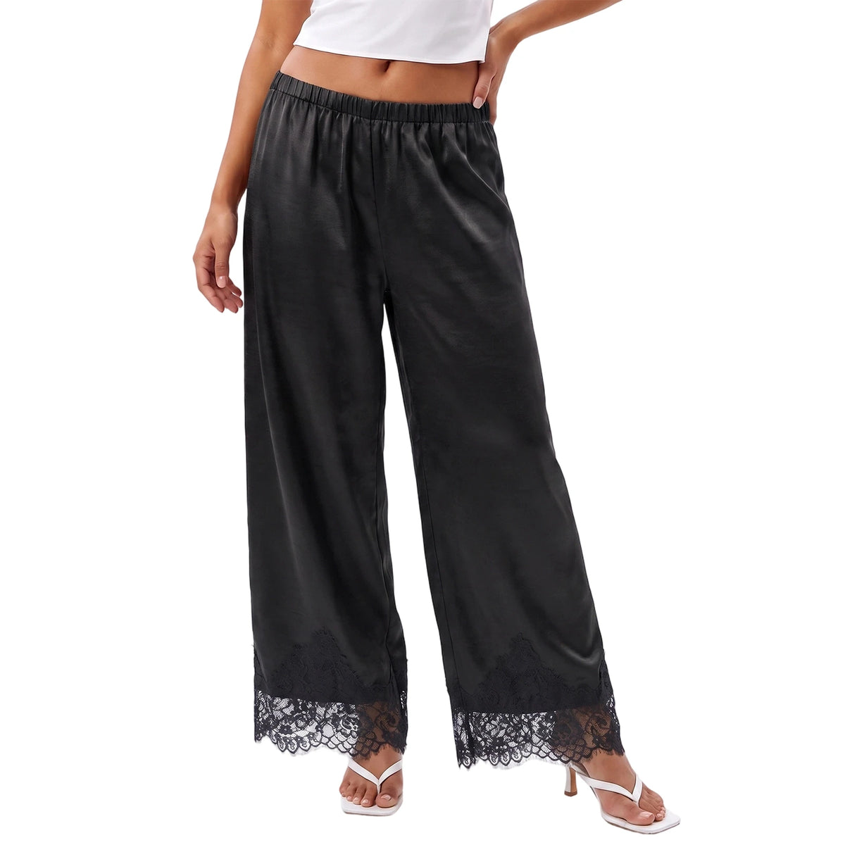 Lace Trim Wide Leg Pants for Women Casual Loose Stain Elastic Waist Trousers 90s Streetwear Y2K Coquette Bottoms