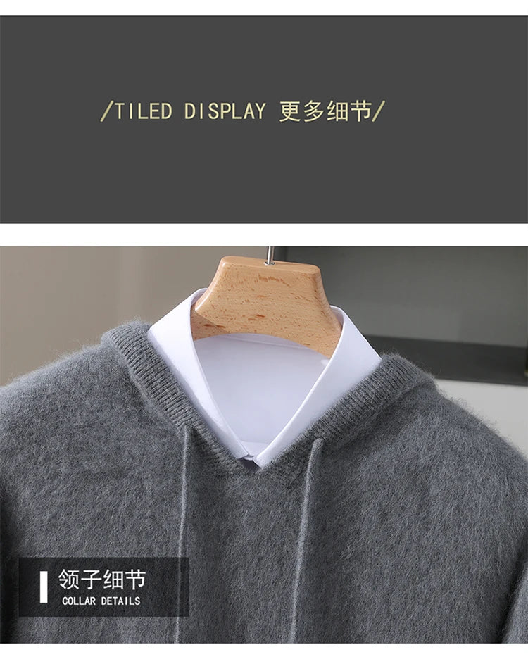 LHZSYY 100% Pure Mink Cashmere Hooded Sweater Men's Hooded Knitted Pullover Business Casual Loose Hoodie Autumn Bottoming Shirt