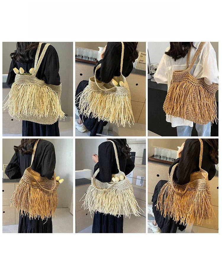 Casual Tassel Woven Women Shoulder Bags Handmade Fringe Lady Handbags Summer Beach Large Tote Bag Big Shopper Purse for Vacation