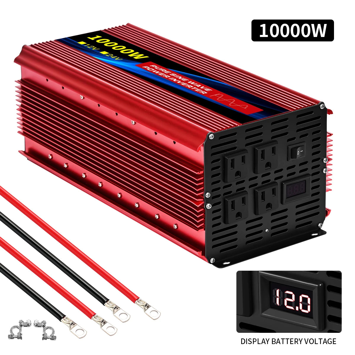 Power Inverter 10000W DC 12V to AC 110V 60HZ Pure Sine Wave Inverter with LCD Display Remote Control 4AC Outlets