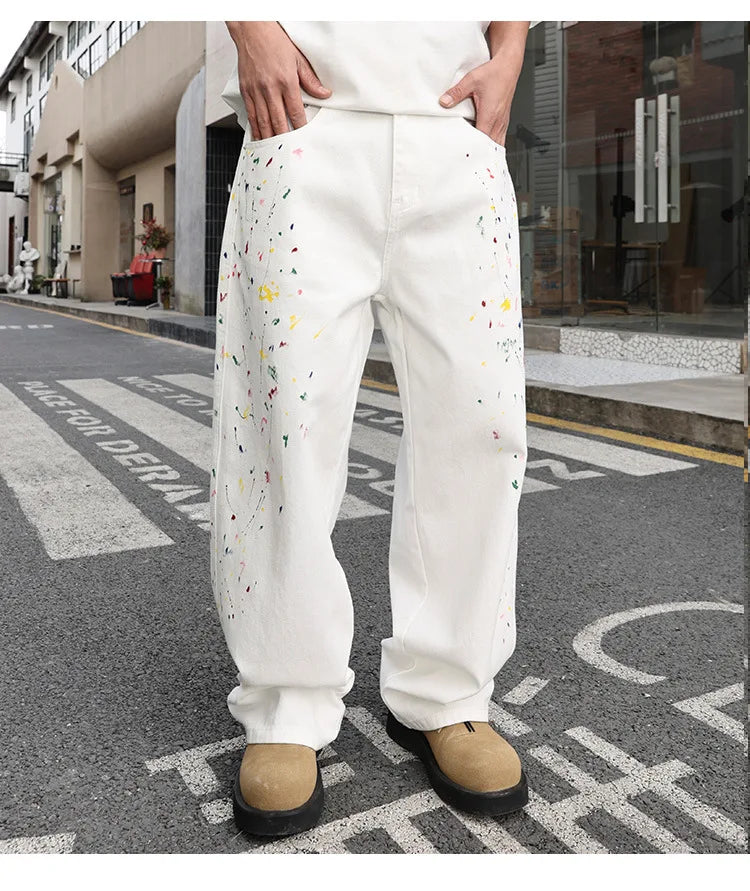 Men's Color Ink White Denim Jeans Cityboy Streetwear Fashion Hip Hop Loose Casual Wide Leg Baggy Jeans Y2k Pants