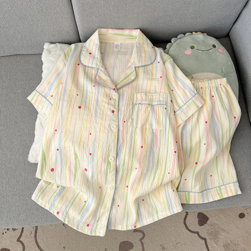 Summer 2026 New Short-Sleeved Shorts Pajamas Women's Cartoon Cute Girl Cardigan Set Ladies Sleepwear Breathable Homewear