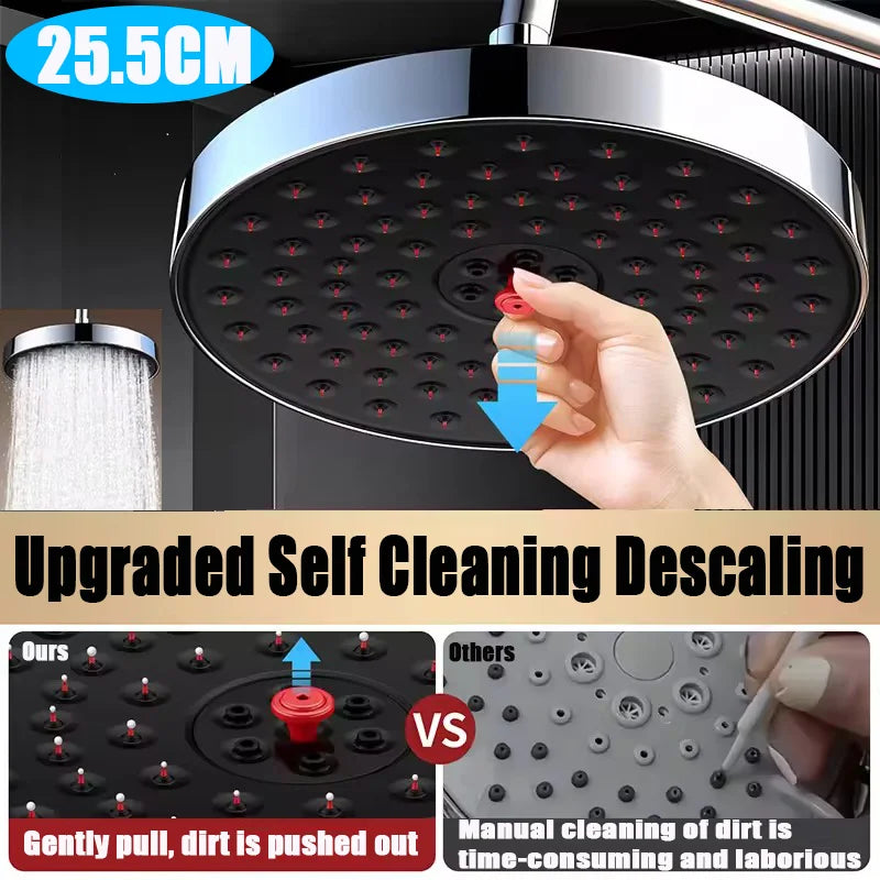 New Self Cleaning Descaling Large Flow Supercharge Ceiling Mounted Shower Head 25.5CM Big Panel High Pressure Waterfall Shower