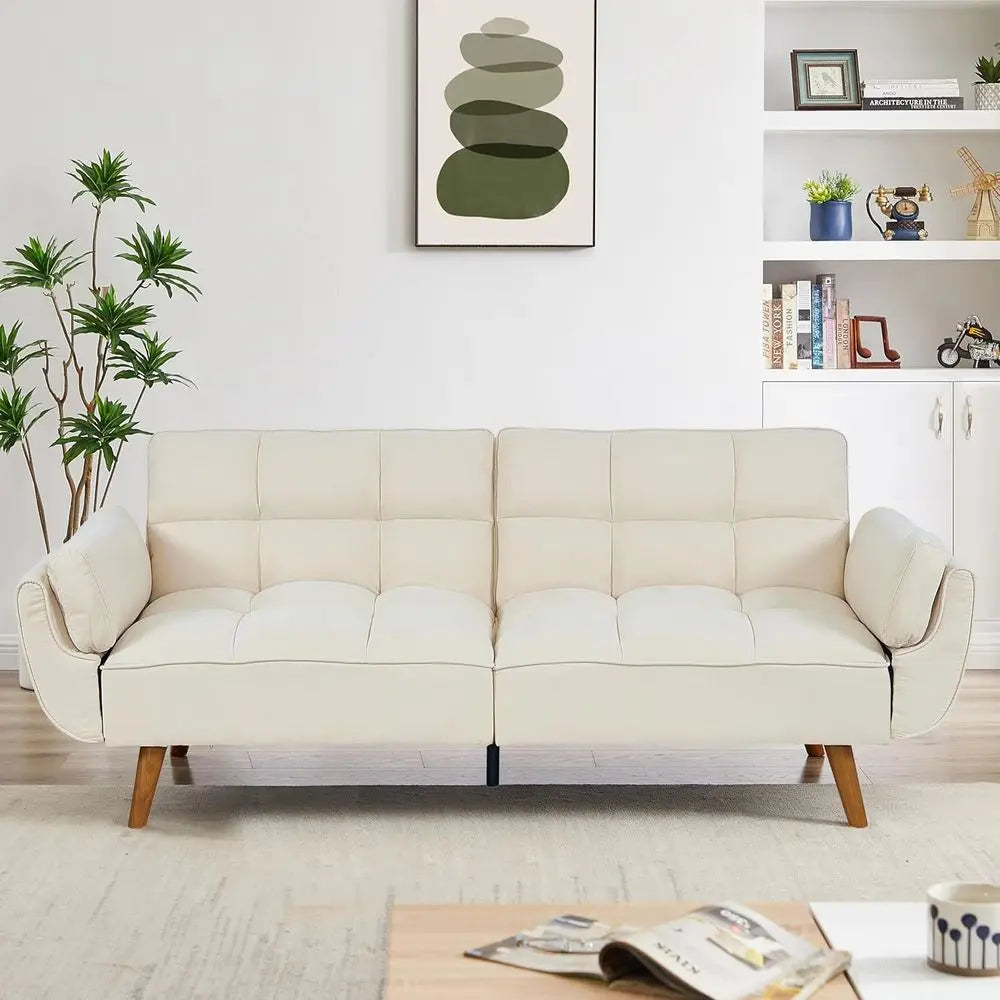 Twin Size Convertible Sofa Bed with Pillow Top Arms and Reclining Linen Split Back for Compact Living Spaces