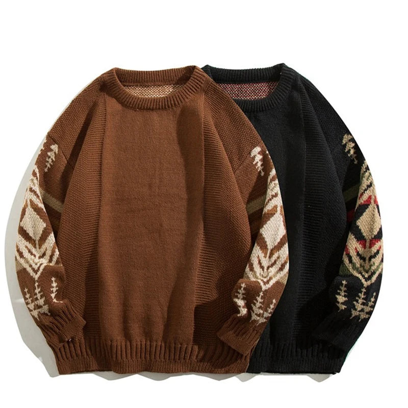 Autumn Men's Ethnic Style O-Neck Knitted Sweaters Y2K Vintage Streetwear Knitwear 2025 New Casual Pattern Printed pull homme