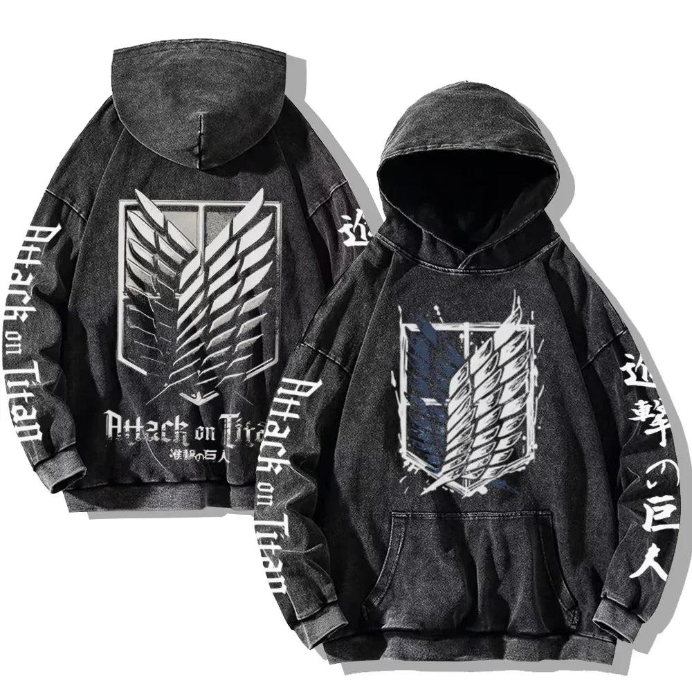 Vintage Washed Men's Hoodies Shield Print Hooded Sweatshirt Hip Hop Streetwear Y2K Hooded Pullover Y2K Loose Casual Tops