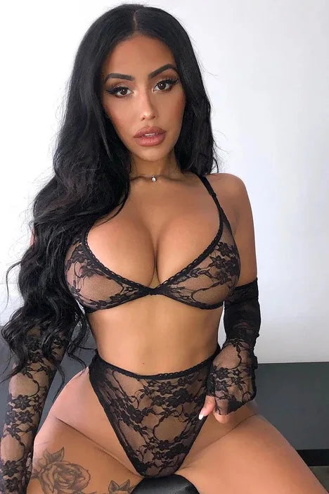 Hot Sexy Lace Bodysuit Women Sexy Lingerie See-through Pajamas Erotic Outfits Fancy Underwear Sex Set Garters Stockings