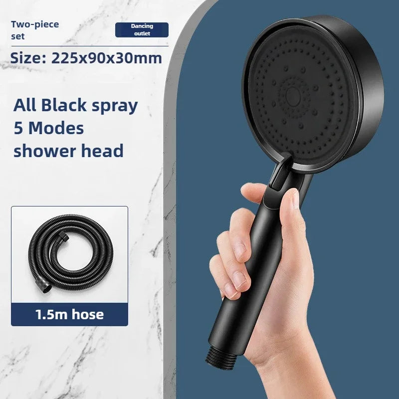 High-Pressure Handheld Shower Head with Stand and Hose - 5 Adjustable Water Flow Modes, Round Plastic Bathroom Accessory