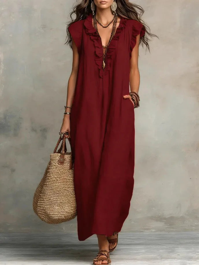 Women Spring Summer Boho Flutter Sleeve Floor Length Maxi Dress Elegant Beach Long Dress
