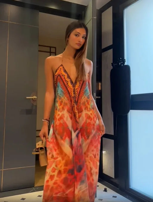 Bohemian Printed Halter Maxi Dress Women Sexy Backless Deep V-neck Sleeveless Off Shoulder Vestido Vacation Date Party Beachwear