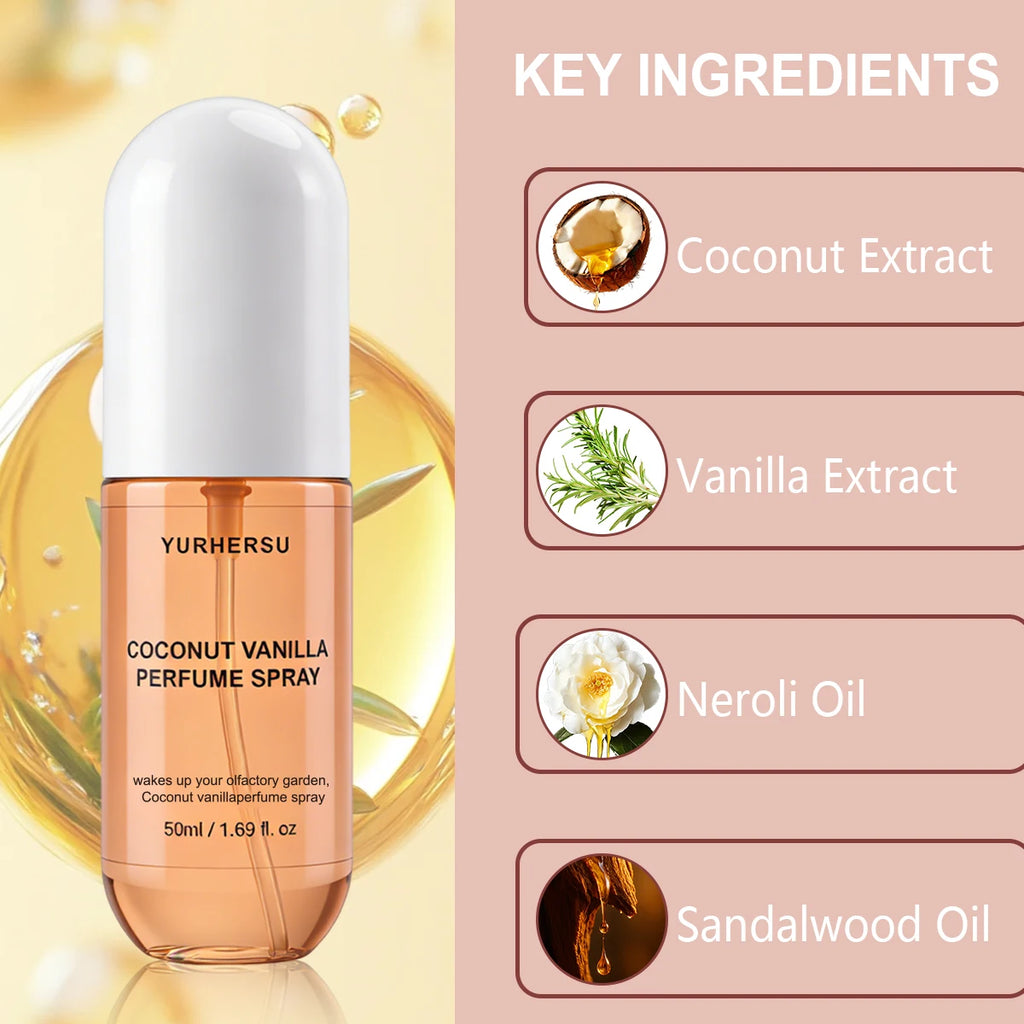 Vanilla Coconut Perfume Spray For Women Long Lasting Gourmand Fragrance Mist Unisex Body Spray Deodorant 50ml