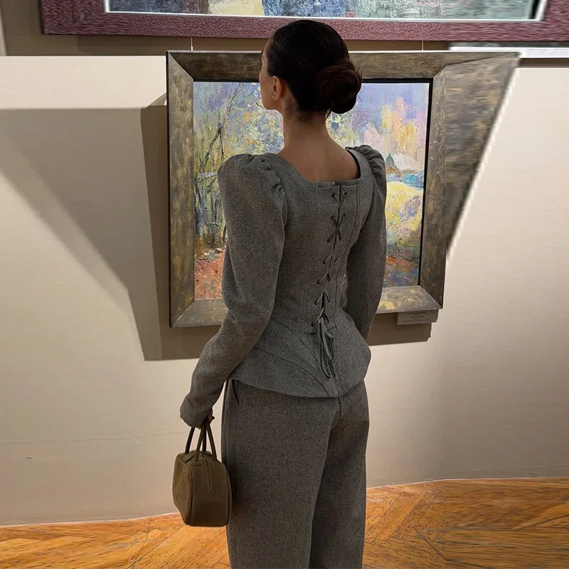 Casual Solid Woolen Top Pants Set Women Puff Full Sleeve Closed Waist Blouse Straight Trousers Sets 2026 Autumn Winter Lady Suit