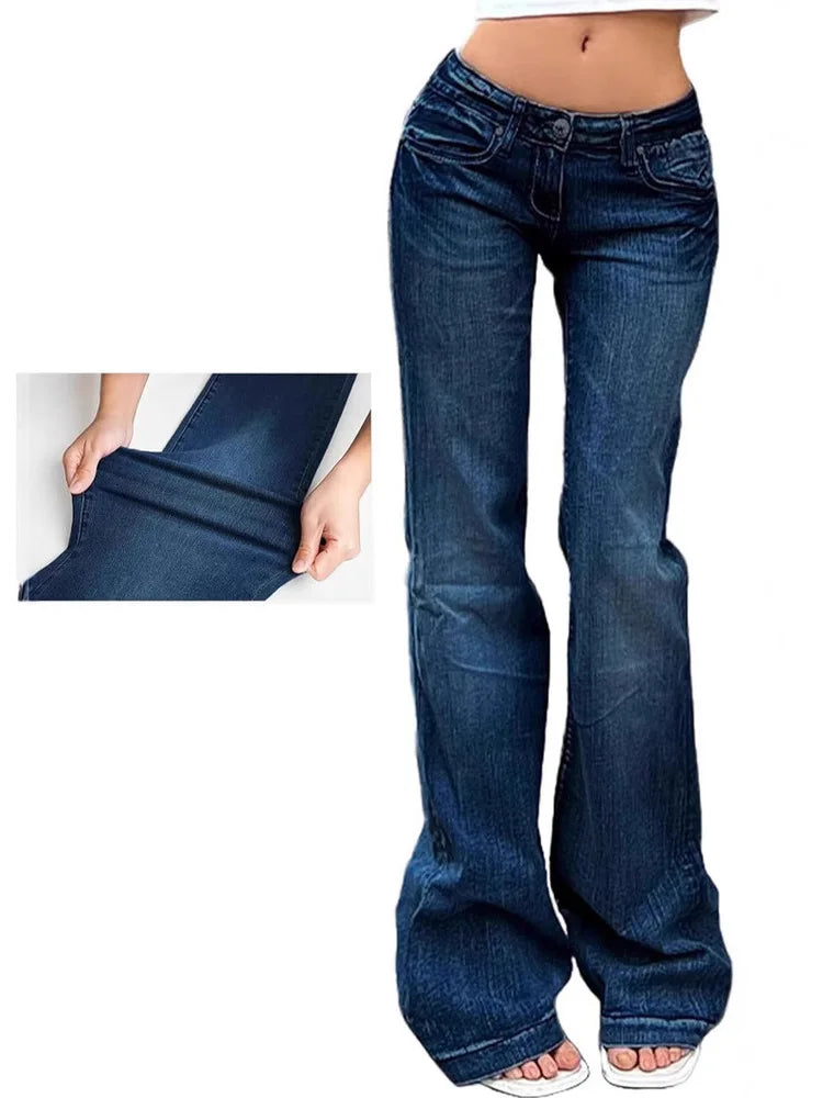 Women Washed Jeans Flare Pants Denim Mid Waist Slim Fit Pockets Button Solid Vintage Full Length Casual Denims Trousers