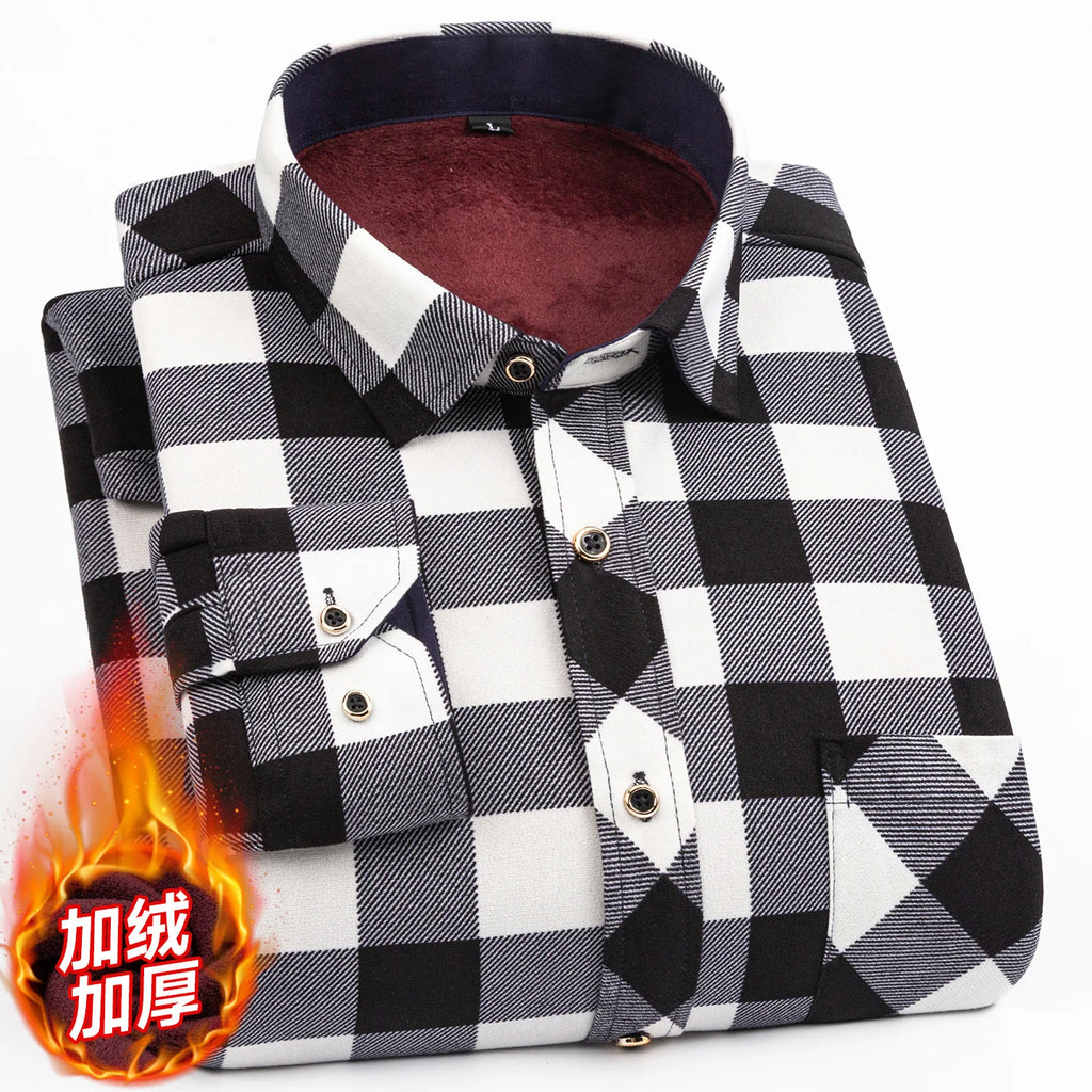 Men's Long Sleeved Shirt With Fleece Lined Winter Thickened Flannel Casual Plaid Stripe Daily Slim Man Clothes Plus Size 8XL 7XL