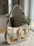Trendy Dachshund & Floral Print Shoulder Bag, Beige Corduroy Underarm Bag for Daily Casual Use