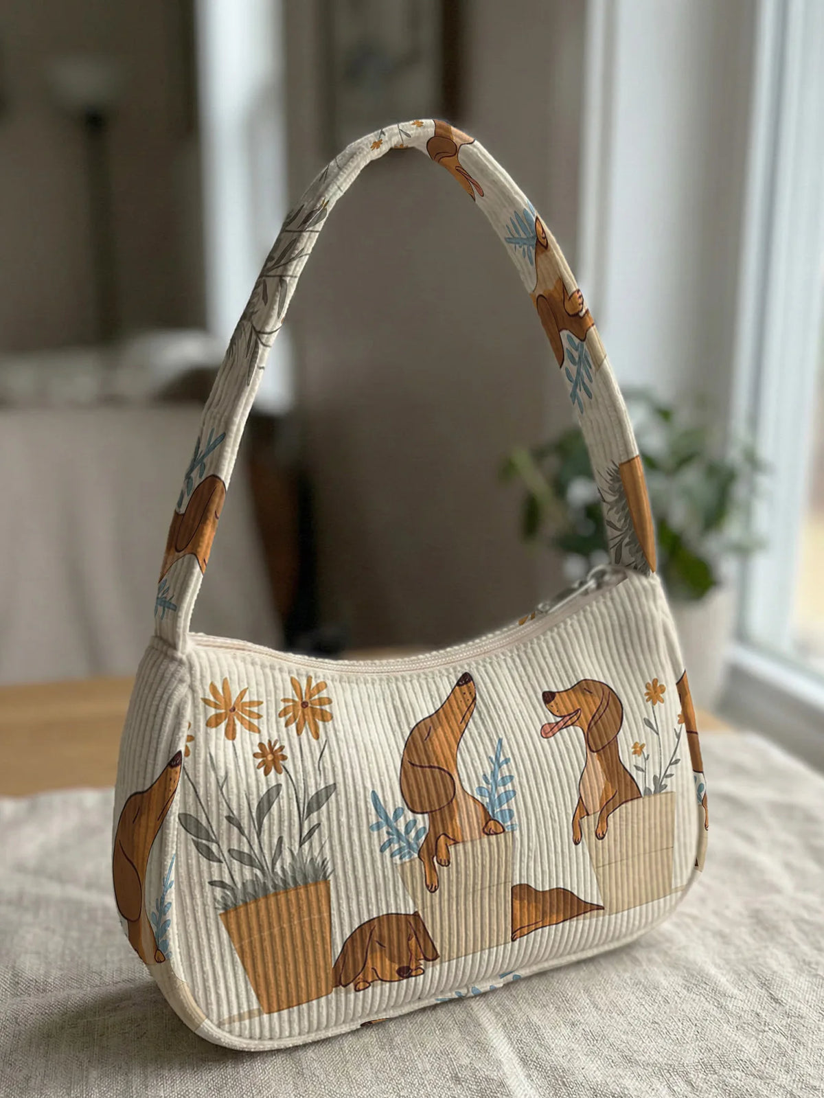 Trendy Dachshund & Floral Print Shoulder Bag, Beige Corduroy Underarm Bag for Daily Casual Use