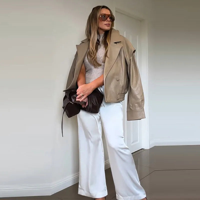 High Street Leather Jackets Women's Casual Double-breasted Turn Down Collar Loose Coats Elastic Waist 2026 Autumn New Outwear