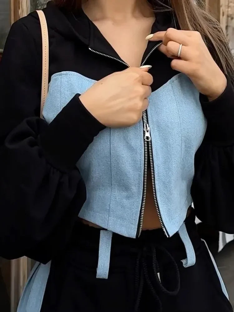 Hoodie Patchwork Denim 2 Piece Sets Women Outfit Slim Hoodies Crop Top Wide Leg Sweatpants Suit Streetwear Casual Tracksuits