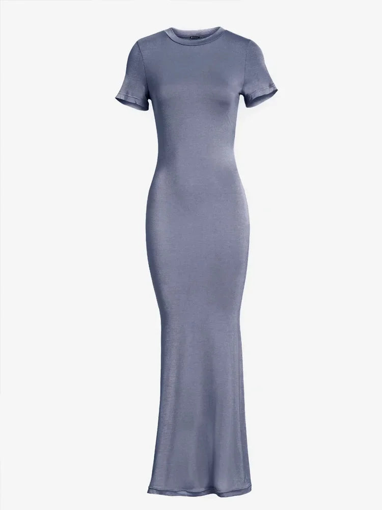 2026 Summer New Chic Slim Chic Short Sleeve Dress for Women O Neck Long Dresses Office Lady Casual Solid Color Dresses Robe
