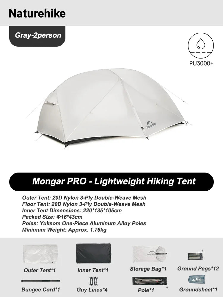 Naturehike Mongar Tent Camping Tent 2 Person Ultralight Professional Waterproof & Windproof Backpack Tent 20D Nylon Travel Tent