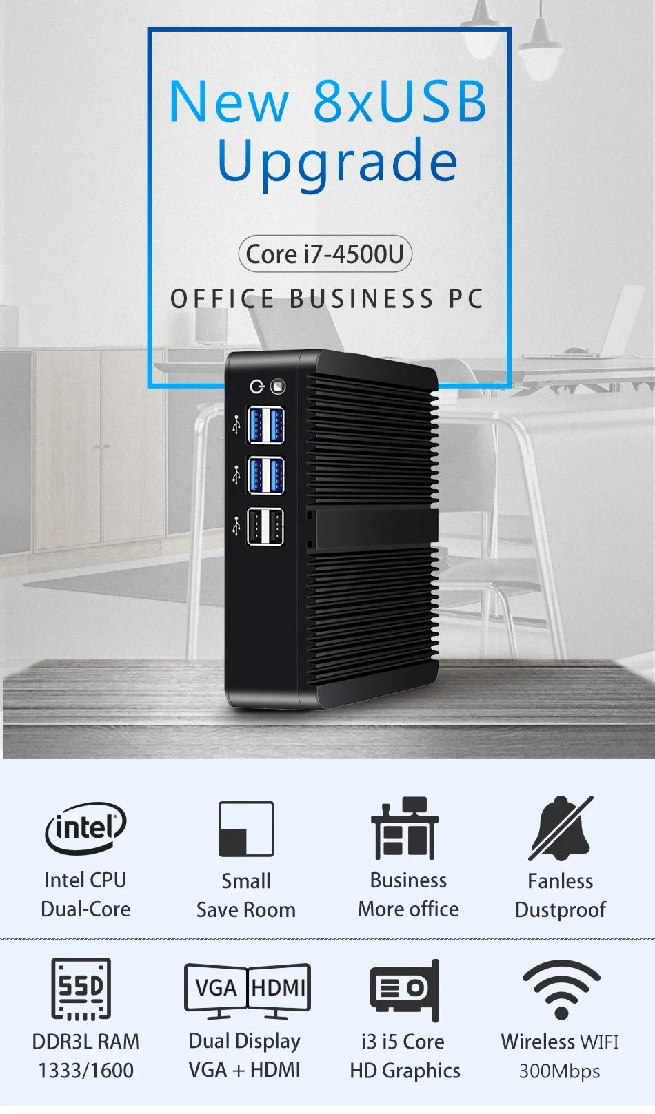 Intel Core I7-4500U I5-5200U I5-4200U Mini PC with 4xUSB3.0 4xUSB2.0 1xHDMI 1xVGA Support Pfsense Linux Computer Win10 Ready