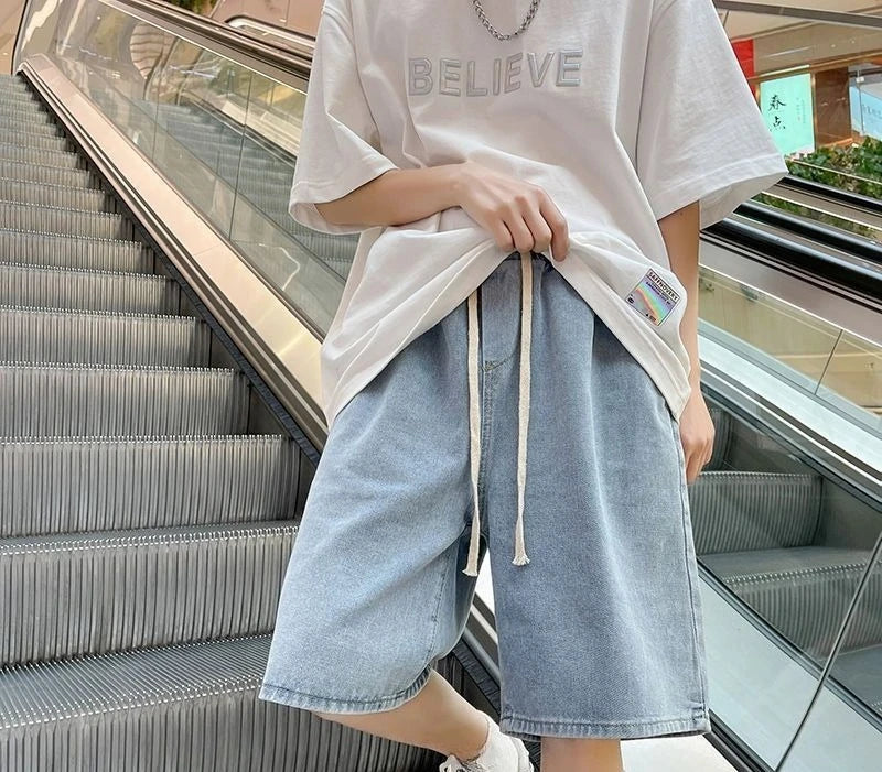 New Men's Fashion Vintage Jeans Summer Loose Casual Male Wide Leg Knee Length Shorts Washed Short Denim Pants Male Streetwear