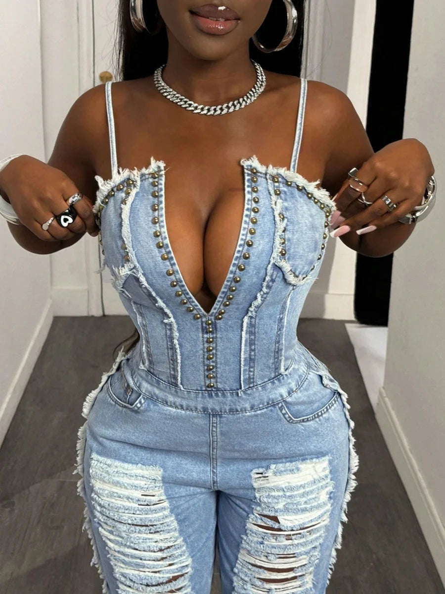 Benuynffy Sexy Spaghetti Strap Denim Jumpsuit Women Streetwear High Waist Backless Zipper Ripped Straight Leg Jeans Jumpsuits